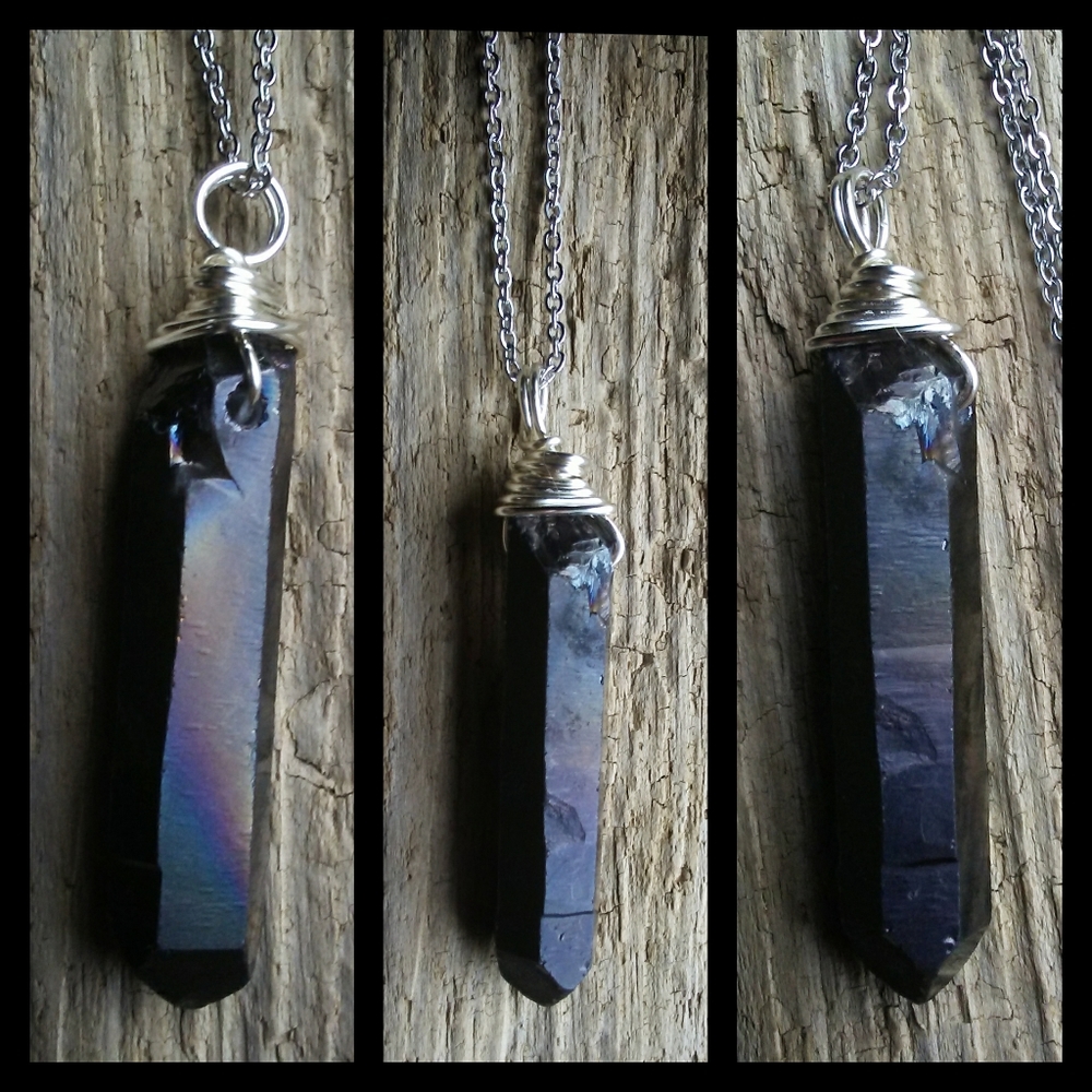 🌙🖤Charcoal Aura Quartz Crystal Necklace